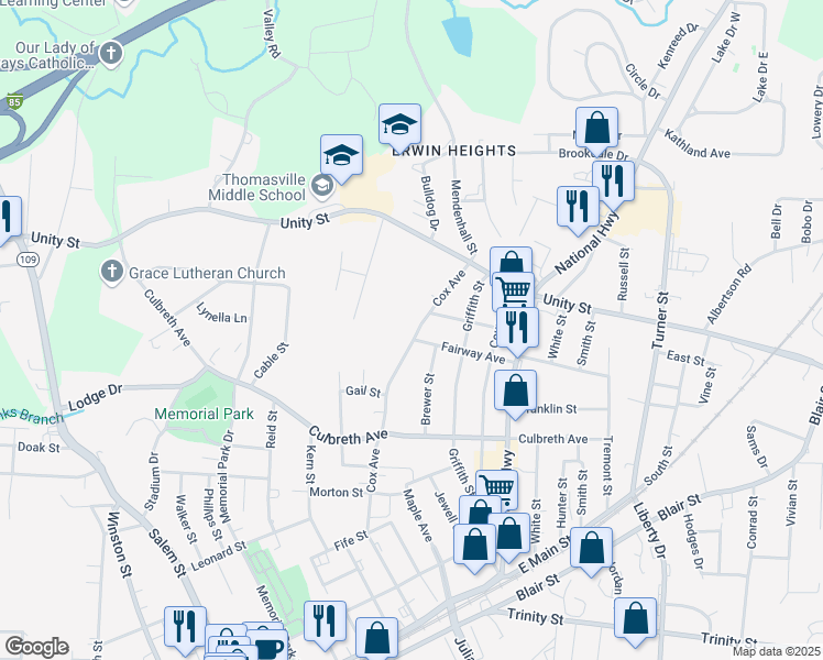 map of restaurants, bars, coffee shops, grocery stores, and more near 702 Cox Avenue in Thomasville