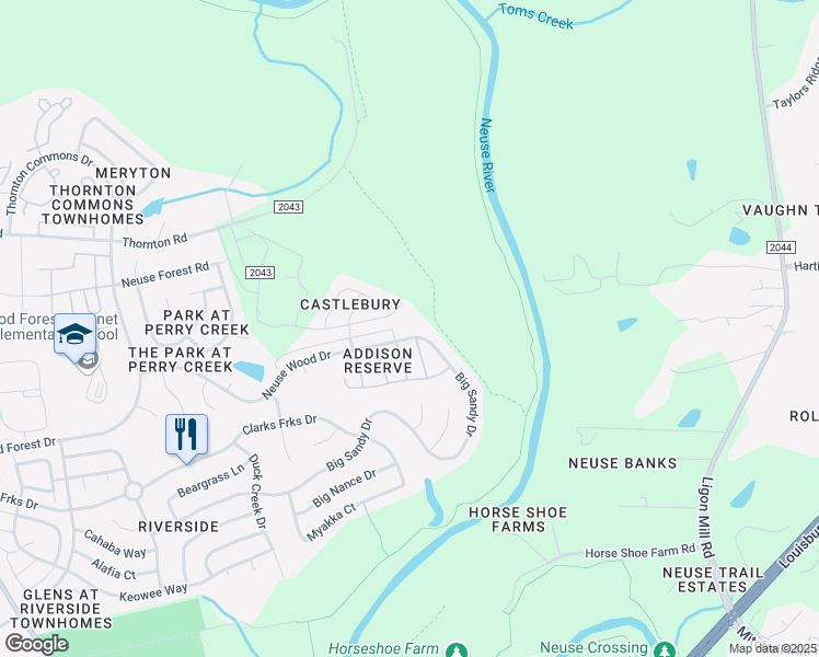 map of restaurants, bars, coffee shops, grocery stores, and more near 6115 Neuse Wood Drive in Raleigh