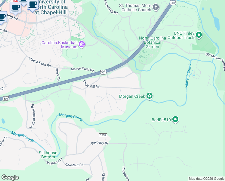 map of restaurants, bars, coffee shops, grocery stores, and more near 902 Kings Mill Road in Chapel Hill