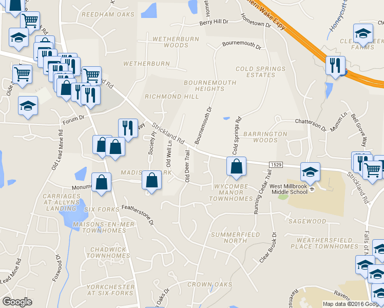 map of restaurants, bars, coffee shops, grocery stores, and more near 8520 Old Deer Trail in Raleigh
