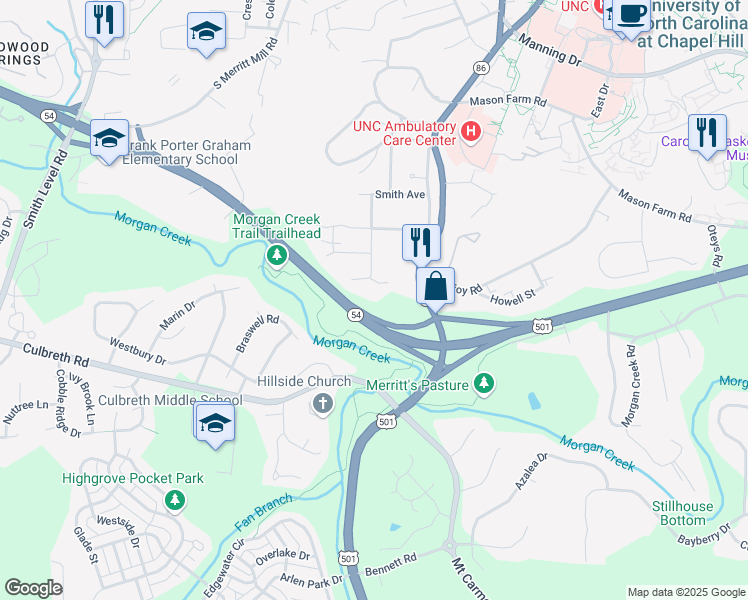 map of restaurants, bars, coffee shops, grocery stores, and more near 501 Monroe Street in Chapel Hill