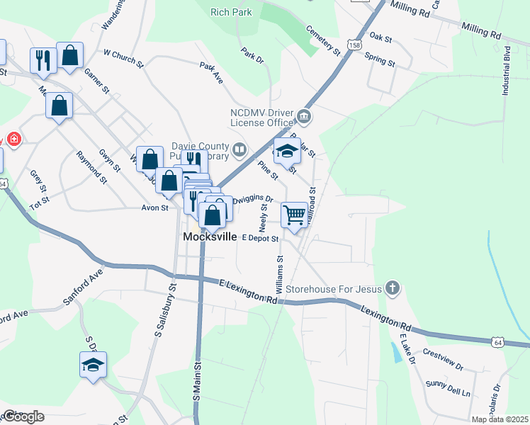map of restaurants, bars, coffee shops, grocery stores, and more near 242 Neely Street in Mocksville