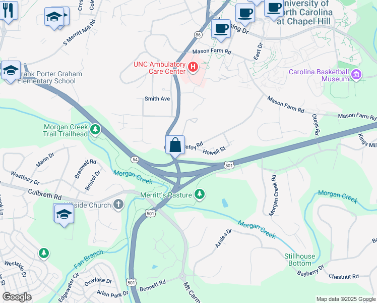 map of restaurants, bars, coffee shops, grocery stores, and more near 309 Purefoy Road in Chapel Hill
