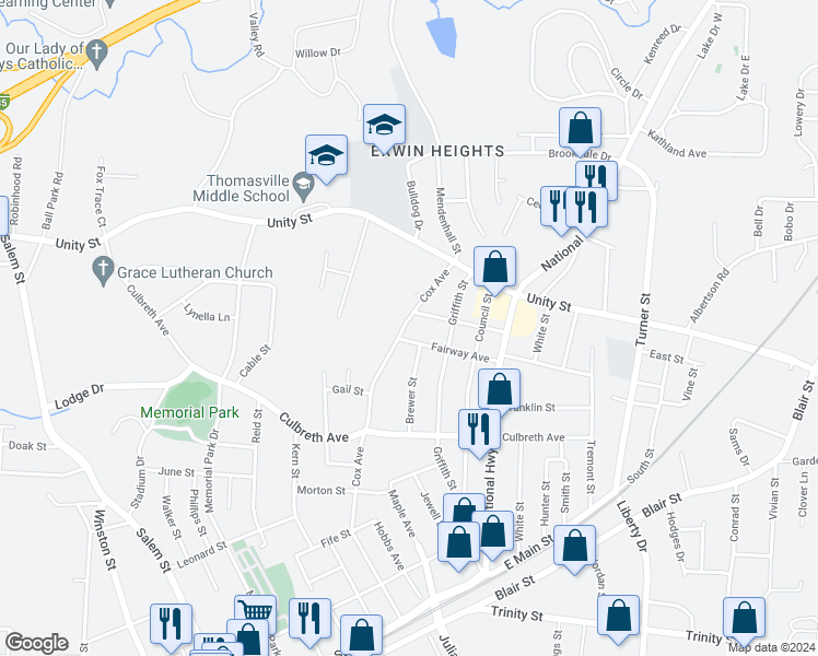 map of restaurants, bars, coffee shops, grocery stores, and more near 705 Cox Avenue in Thomasville