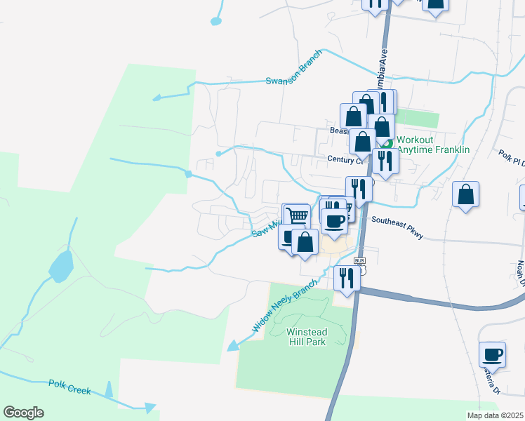 map of restaurants, bars, coffee shops, grocery stores, and more near 520 Vintage Green Lane in Franklin