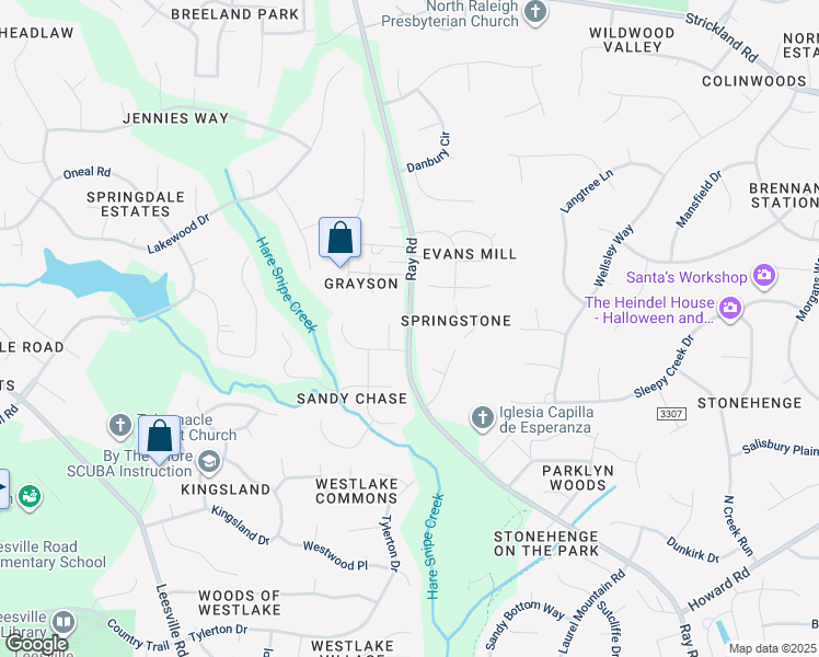 map of restaurants, bars, coffee shops, grocery stores, and more near Ray Road in Raleigh