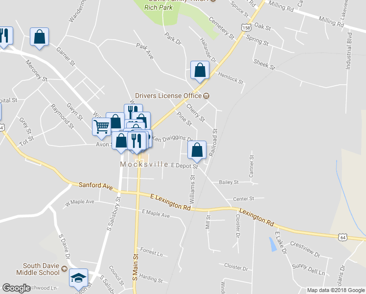 map of restaurants, bars, coffee shops, grocery stores, and more near 242 Neely Street in Mocksville