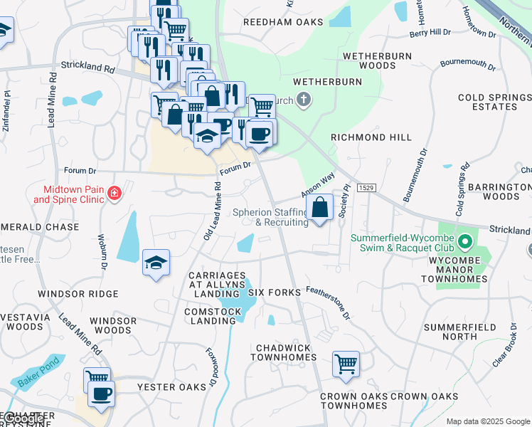 map of restaurants, bars, coffee shops, grocery stores, and more near 8529 Six Forks Road in Raleigh