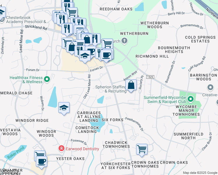 map of restaurants, bars, coffee shops, grocery stores, and more near 8529 Six Forks Road in Raleigh