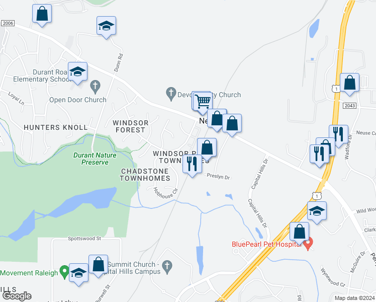 map of restaurants, bars, coffee shops, grocery stores, and more near 8700 Belford Valley Lane in Raleigh