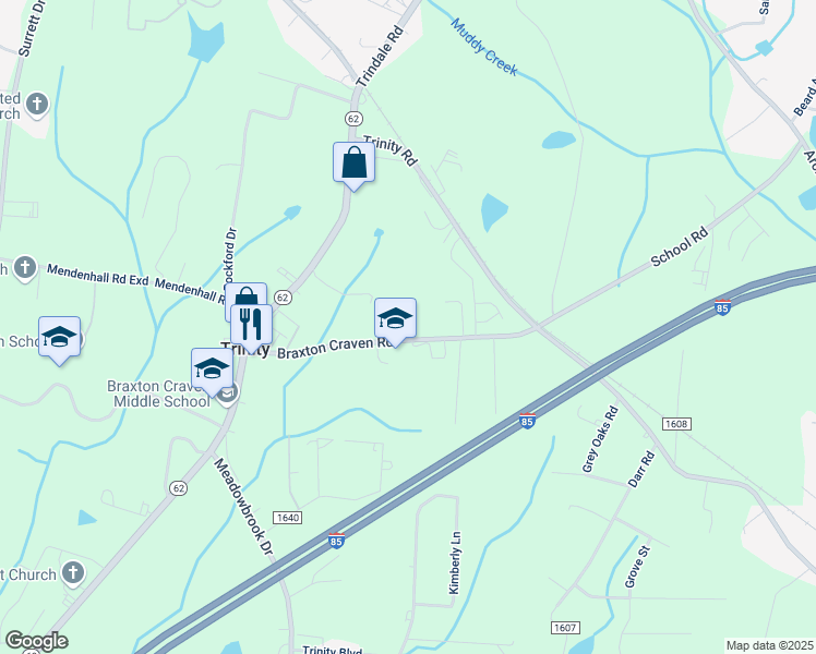 map of restaurants, bars, coffee shops, grocery stores, and more near 5464 Braxton Craven Road in Trinity