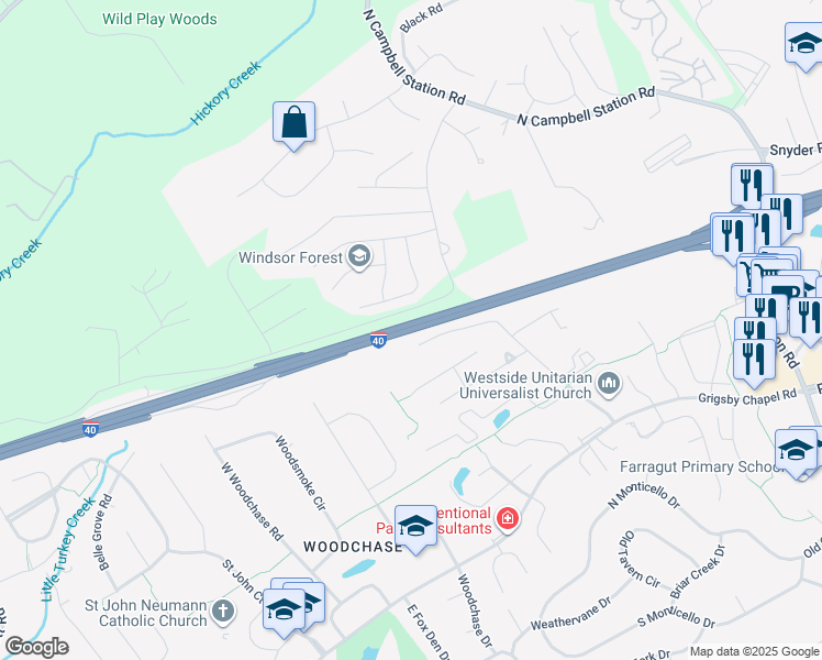 map of restaurants, bars, coffee shops, grocery stores, and more near Interstate 40 in Knoxville