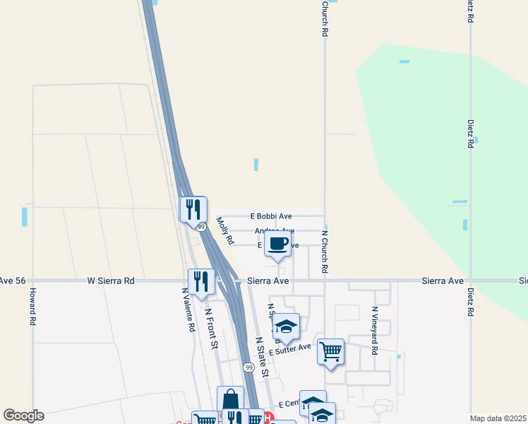 map of restaurants, bars, coffee shops, grocery stores, and more near 493 East Bobbi Avenue in Earlimart