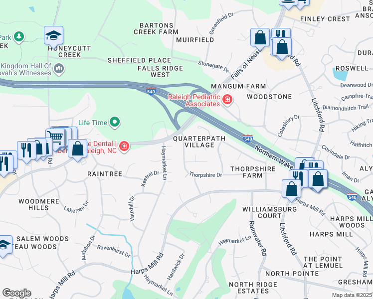map of restaurants, bars, coffee shops, grocery stores, and more near 8709 Chatterleigh Circle in Raleigh