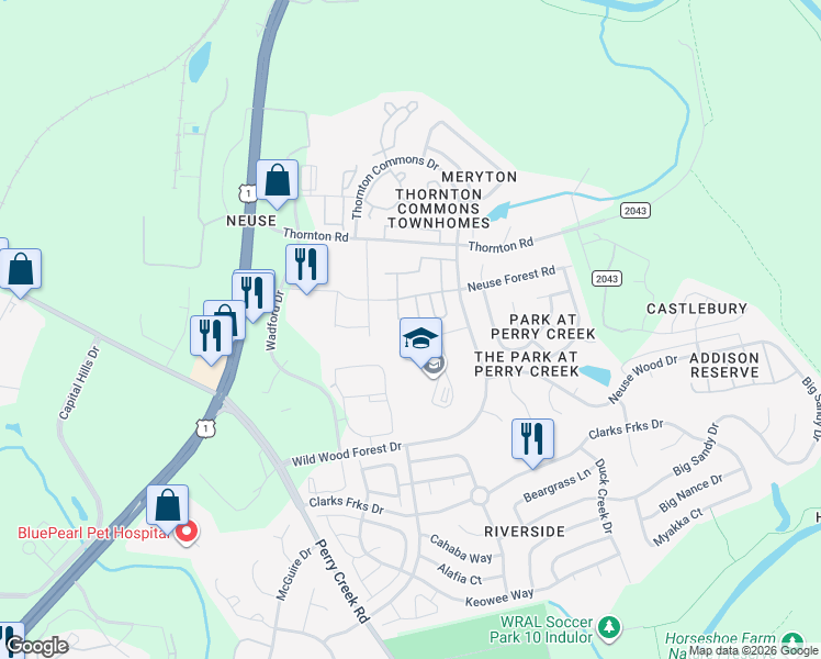 map of restaurants, bars, coffee shops, grocery stores, and more near 8621 Neuse Club Lane in Raleigh