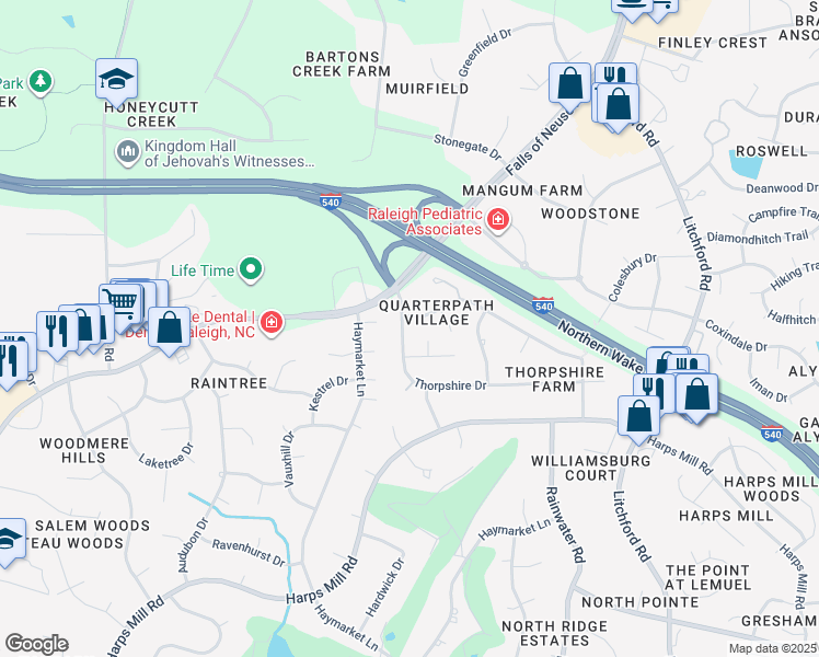 map of restaurants, bars, coffee shops, grocery stores, and more near 8709 Chatterleigh Circle in Raleigh