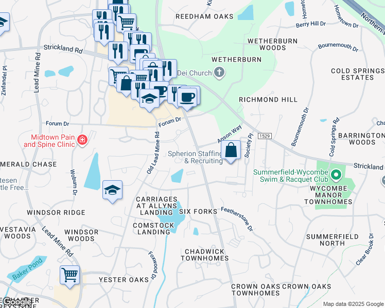 map of restaurants, bars, coffee shops, grocery stores, and more near 8506 Six Forks Road in Raleigh