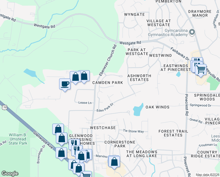 map of restaurants, bars, coffee shops, grocery stores, and more near 8408 Dunnington Circle in Raleigh