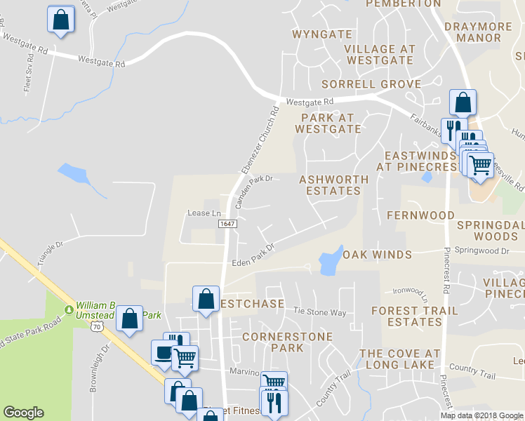 map of restaurants, bars, coffee shops, grocery stores, and more near 8408 Dunnington Circle in Raleigh