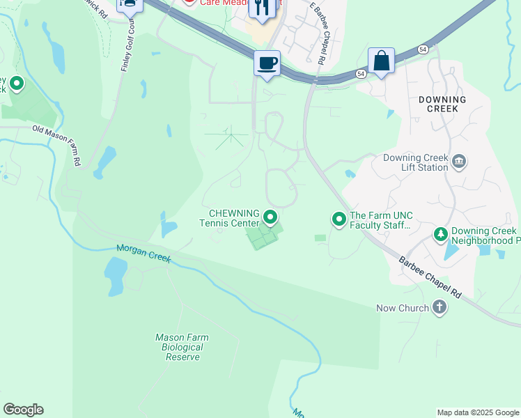 map of restaurants, bars, coffee shops, grocery stores, and more near 251 Friday Center Drive in Chapel Hill