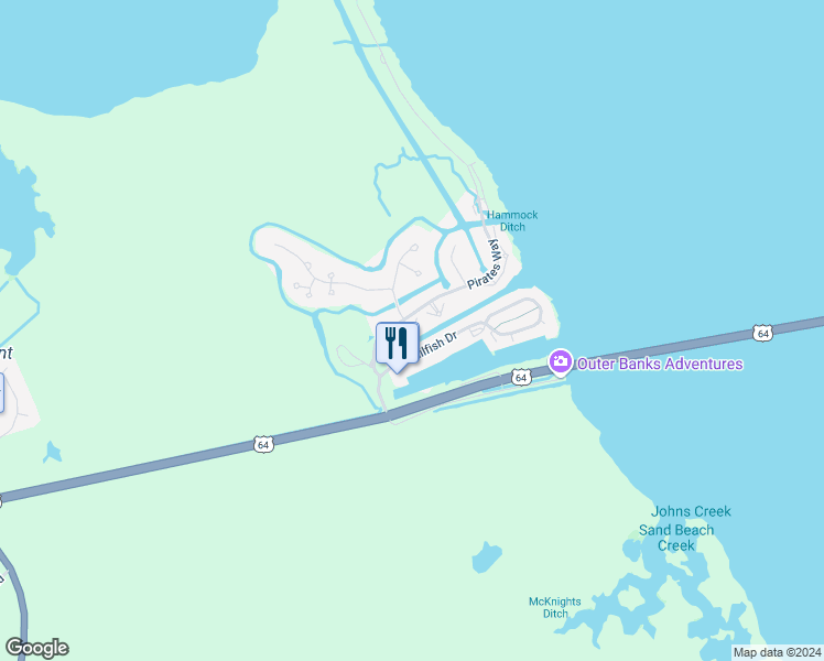 map of restaurants, bars, coffee shops, grocery stores, and more near 213 Pirates Way in Manteo