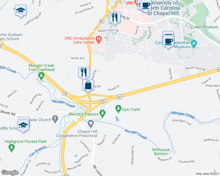 map of restaurants, bars, coffee shops, grocery stores, and more near 210 Howell Street in Chapel Hill