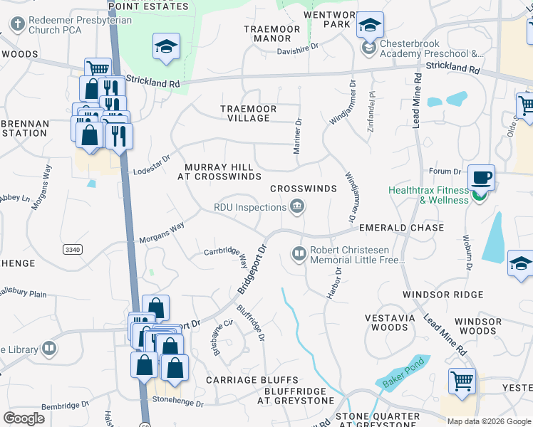 map of restaurants, bars, coffee shops, grocery stores, and more near 1908 Wilton Circle in Raleigh