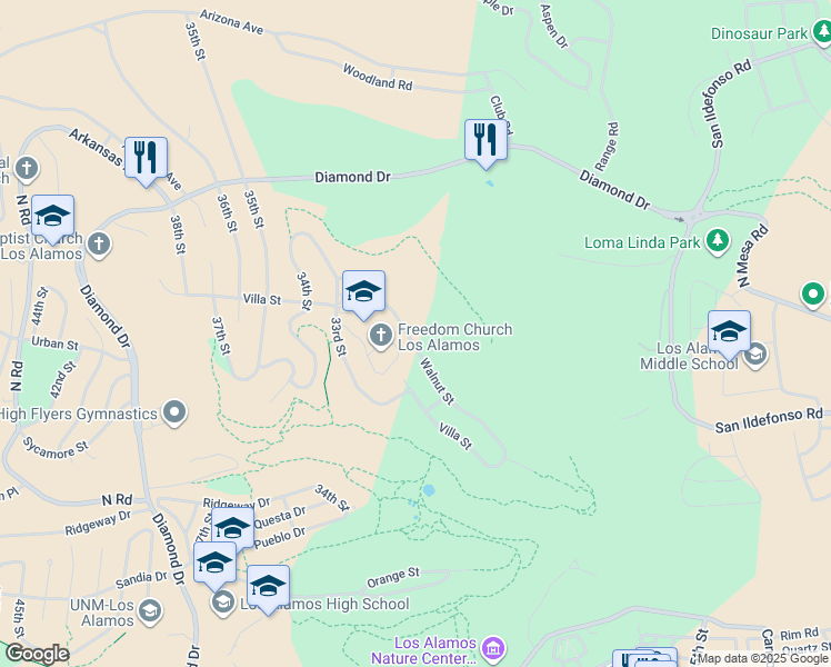 map of restaurants, bars, coffee shops, grocery stores, and more near 3242 Walnut Street in Los Alamos