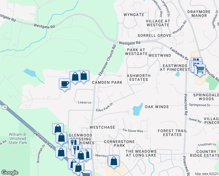 map of restaurants, bars, coffee shops, grocery stores, and more near 8408 Dunnington Circle in Raleigh