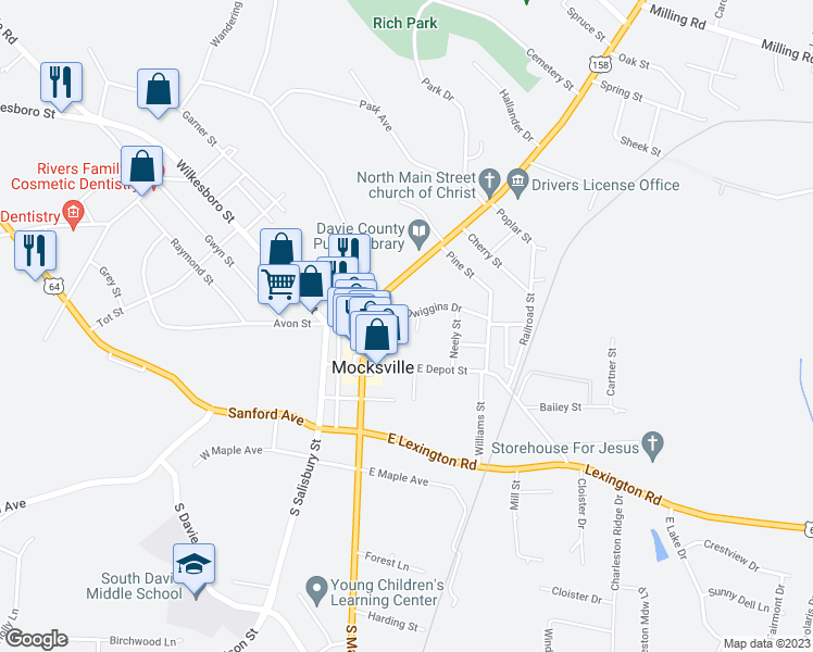 map of restaurants, bars, coffee shops, grocery stores, and more near 150 Ken Dwiggins Drive in Mocksville