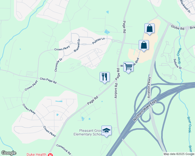 map of restaurants, bars, coffee shops, grocery stores, and more near 5551 Primary Drive in Durham