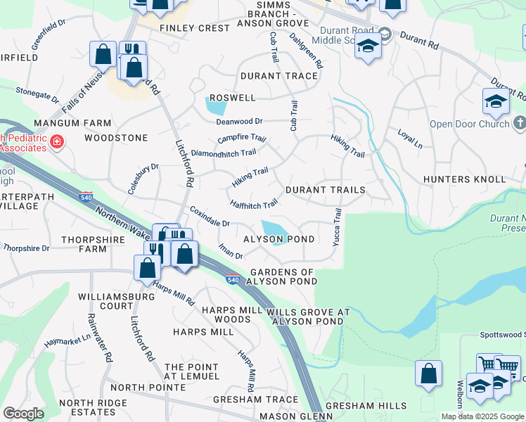 map of restaurants, bars, coffee shops, grocery stores, and more near 2708 Halfhitch Trail in Raleigh