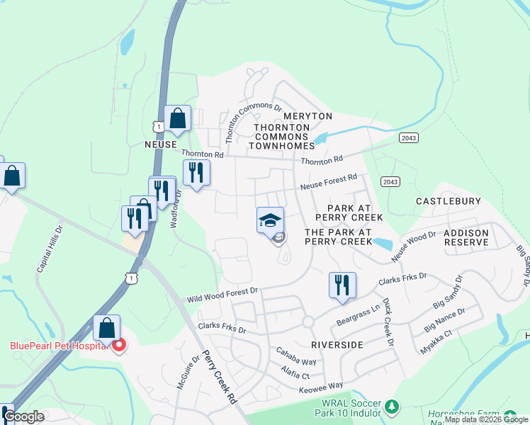 map of restaurants, bars, coffee shops, grocery stores, and more near 8621 Neuse Club Lane in Raleigh
