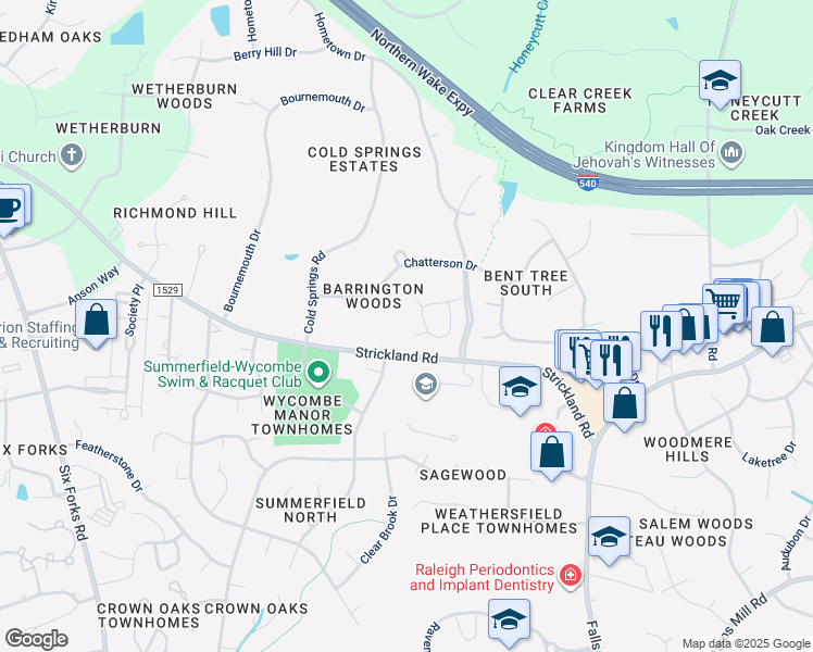 map of restaurants, bars, coffee shops, grocery stores, and more near 201 Chandon Lane in Raleigh