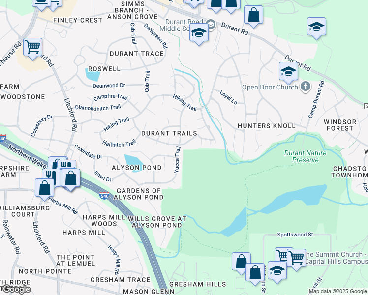 map of restaurants, bars, coffee shops, grocery stores, and more near 3004 Bolo Trail in Raleigh