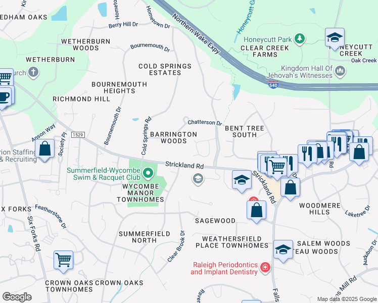 map of restaurants, bars, coffee shops, grocery stores, and more near 201 Chandon Lane in Raleigh