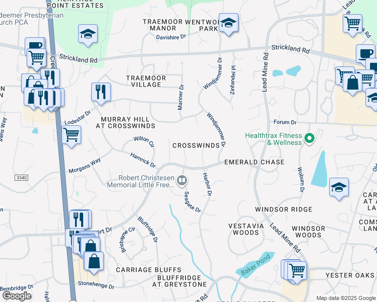 map of restaurants, bars, coffee shops, grocery stores, and more near 8612 Seagate Drive in Raleigh