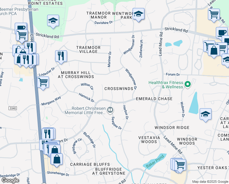 map of restaurants, bars, coffee shops, grocery stores, and more near 8612 Seagate Drive in Raleigh
