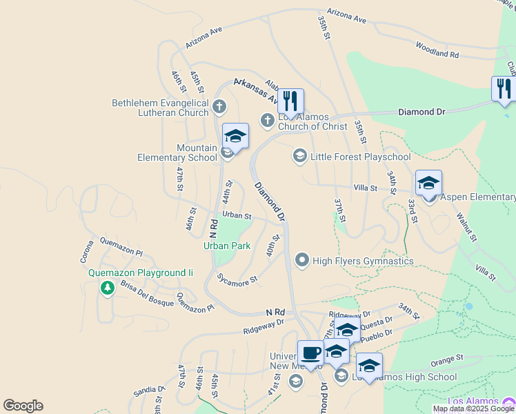 map of restaurants, bars, coffee shops, grocery stores, and more near 2108 41st Street in Los Alamos