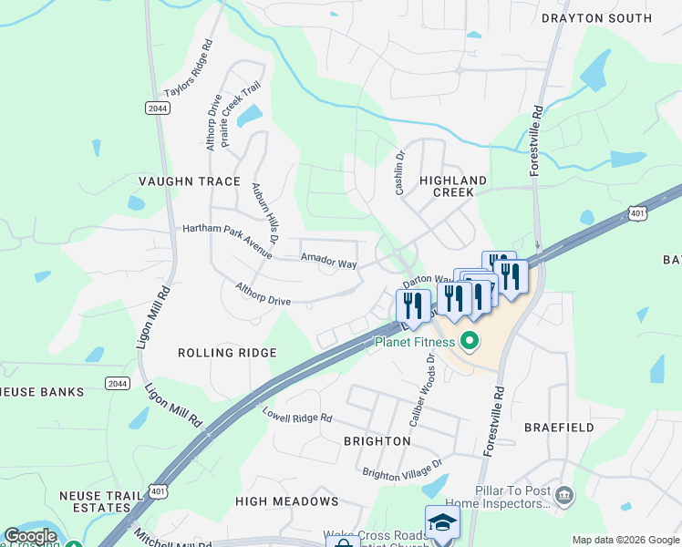 map of restaurants, bars, coffee shops, grocery stores, and more near 3825 Althorp Drive in Raleigh