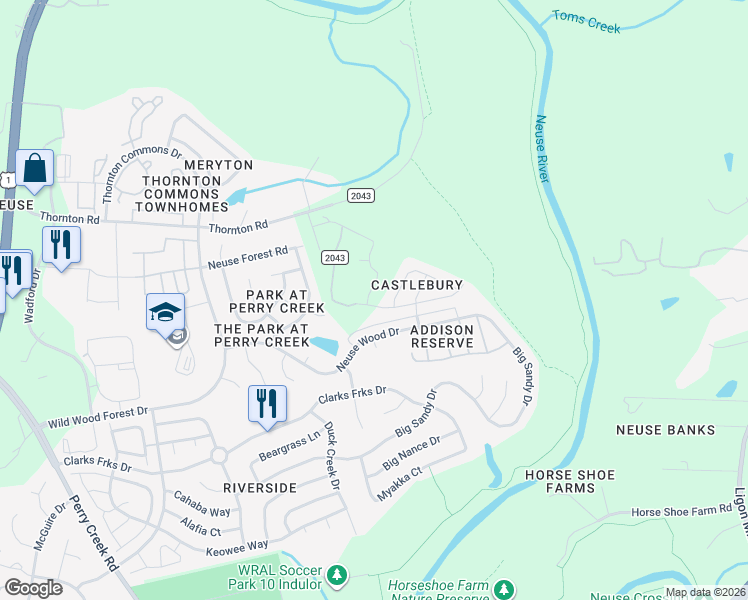 map of restaurants, bars, coffee shops, grocery stores, and more near 5910 Brambleberry Way in Raleigh