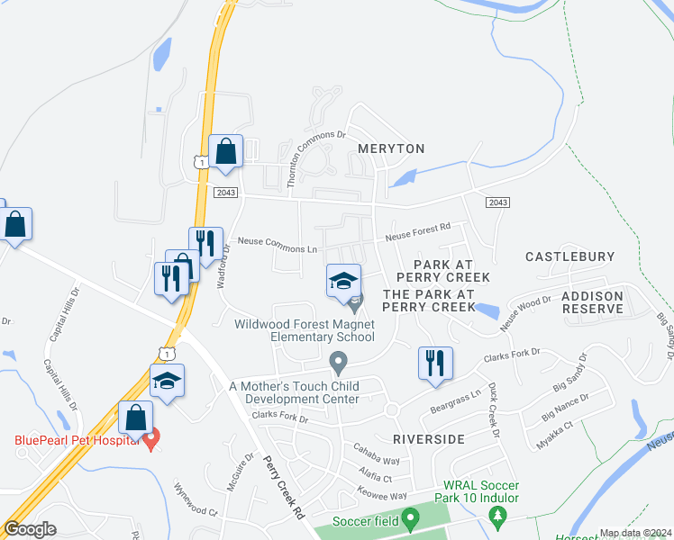 map of restaurants, bars, coffee shops, grocery stores, and more near 8621 Neuse Club Lane in Raleigh
