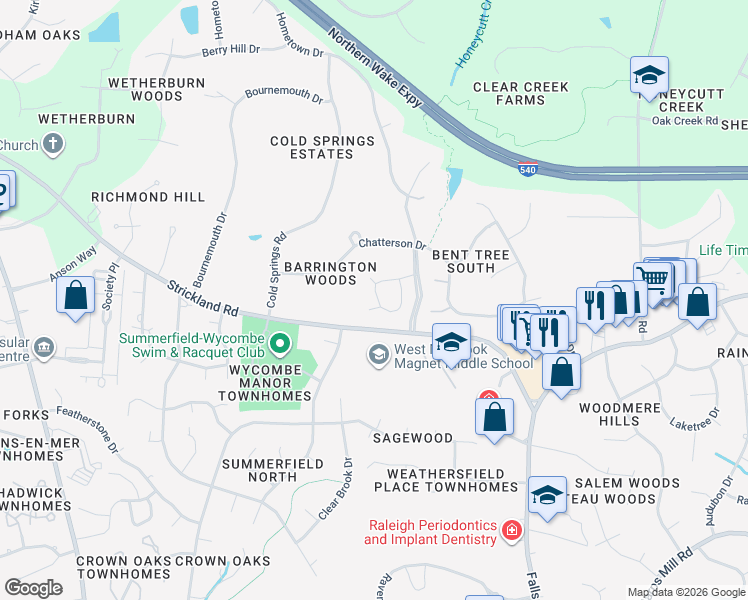map of restaurants, bars, coffee shops, grocery stores, and more near 208 Chandon Lane in Raleigh
