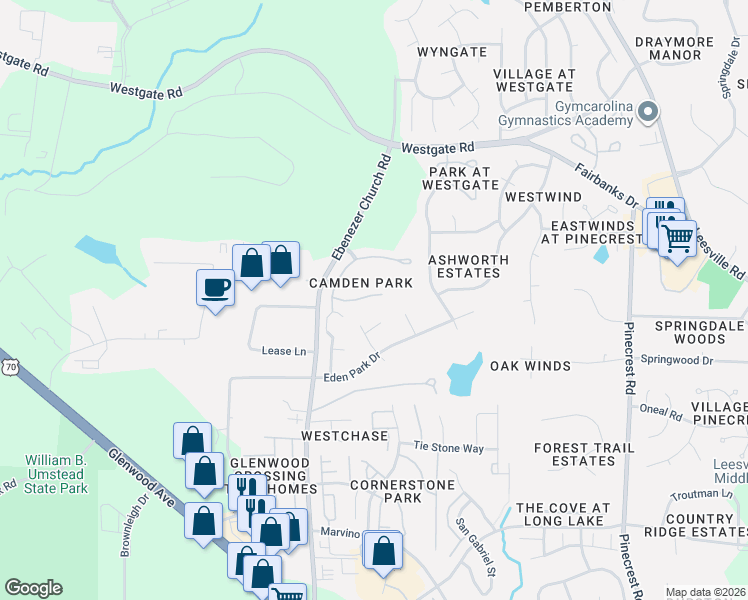 map of restaurants, bars, coffee shops, grocery stores, and more near 8408 Dunnington Circle in Raleigh