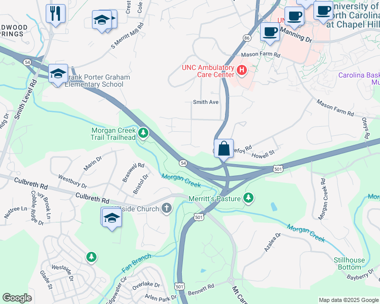 map of restaurants, bars, coffee shops, grocery stores, and more near 501 Monroe Street in Chapel Hill