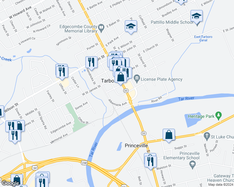 map of restaurants, bars, coffee shops, grocery stores, and more near 200 Trade Street in Tarboro