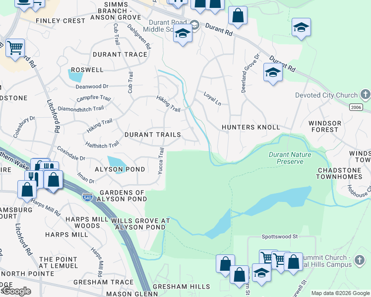map of restaurants, bars, coffee shops, grocery stores, and more near 8500 Powis Circle in Raleigh