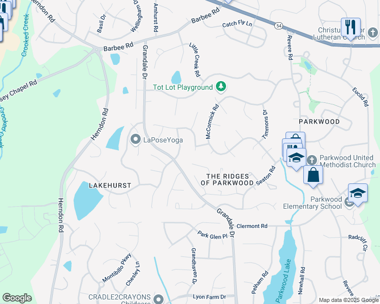 map of restaurants, bars, coffee shops, grocery stores, and more near 66 Candytuff Lane in Durham
