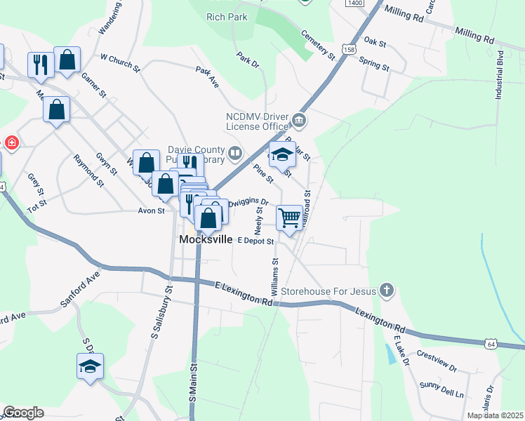 map of restaurants, bars, coffee shops, grocery stores, and more near 256 Neely Street in Mocksville