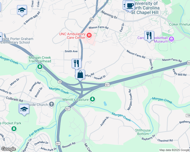 map of restaurants, bars, coffee shops, grocery stores, and more near 214 Howell Street in Chapel Hill